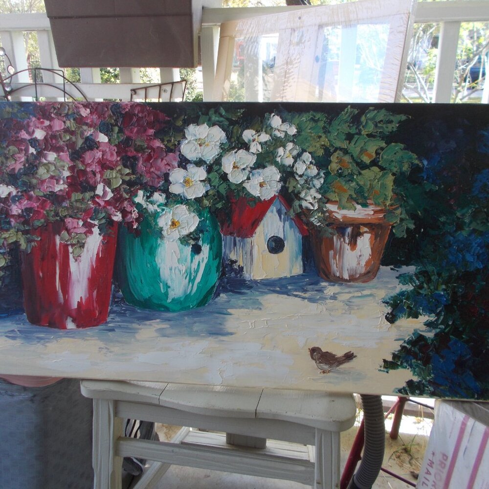 Vintage Pots and Birdhouses with Bird" 36"x18"x1" oil painting - Picture 4 of 5